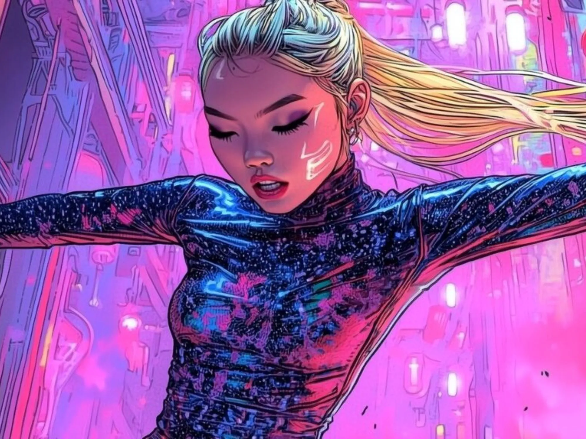 A character in a futuristic setting dances energetically for the Raynmaker K Pop Crime Thriller project.