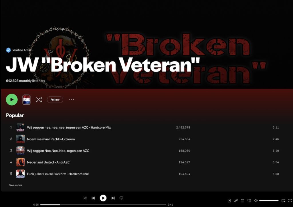 Spotify displays popular tracks by far-right AI artist JW "Broken Veteran" with monthly listeners count.