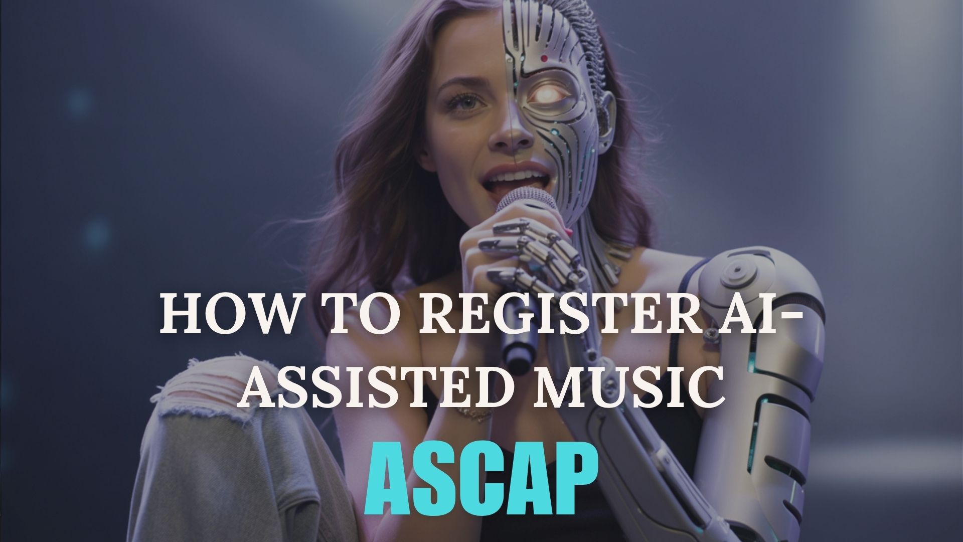 AI robot and singer with microphone. Guide on registering AI-assisted music with ASCAP.