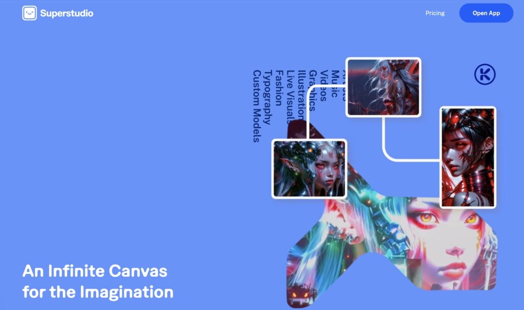 Digital art canvas on Kaiber's superstudio website displays connected futuristic character portraits (Grimes) in vibrant colors.