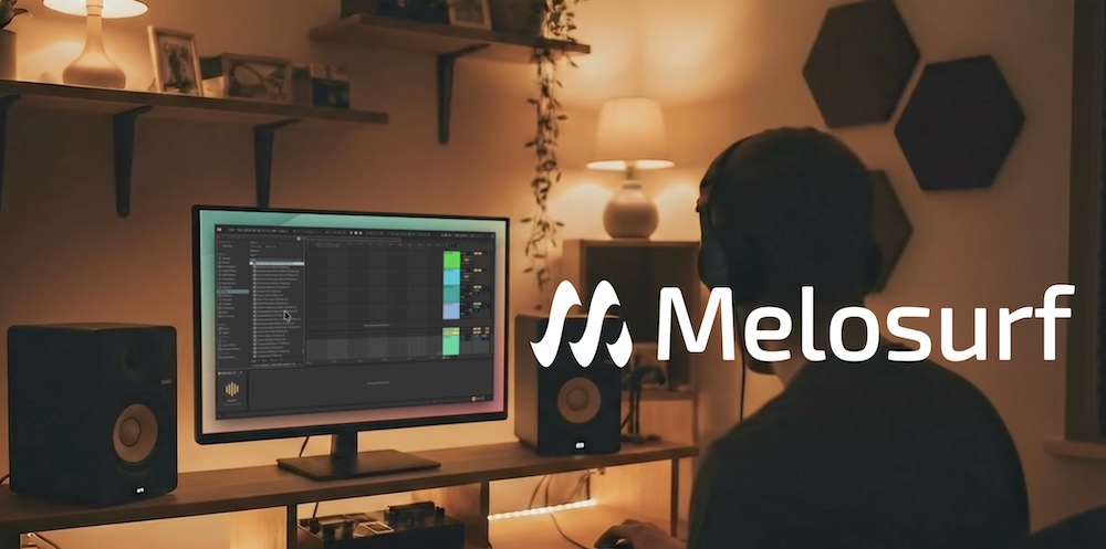 Person using Ableton Live software on a desktop with Melosurf branding in a home studio.