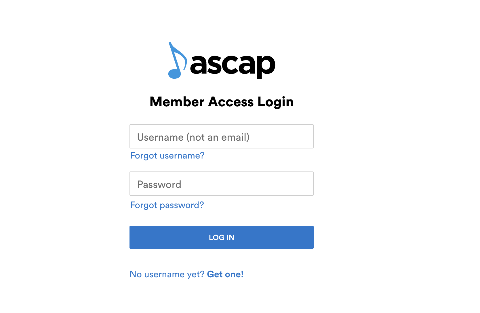 ASCAP member access login form requesting username and password for account entry.