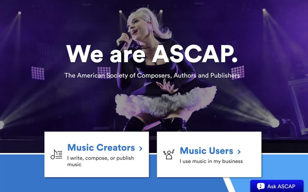 ASCAP homepage displaying options for music creators and music users with a performing artist.