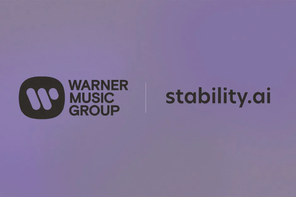 Warner Music Group logo alongside Stability.ai logo on a purple background.