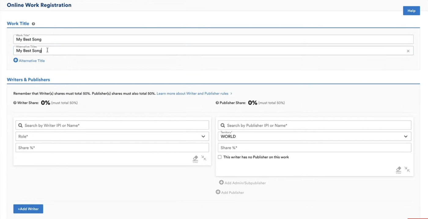 Form field for entering the title of a music work during ASCAP registration process.
