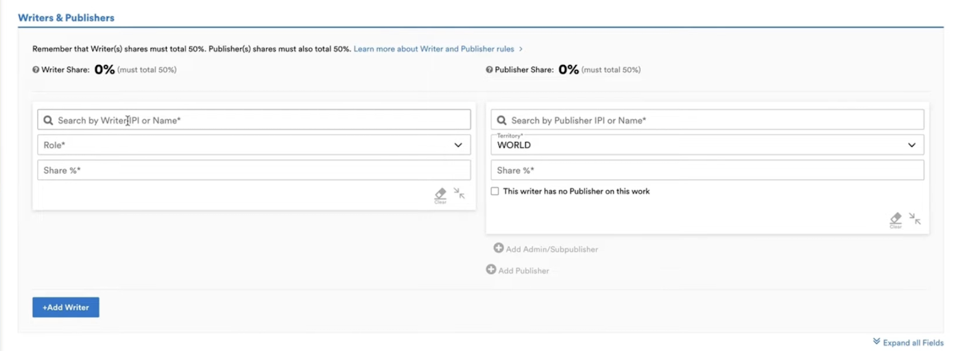 Writers and publishers section for entering shares during music registration with ASCAP.