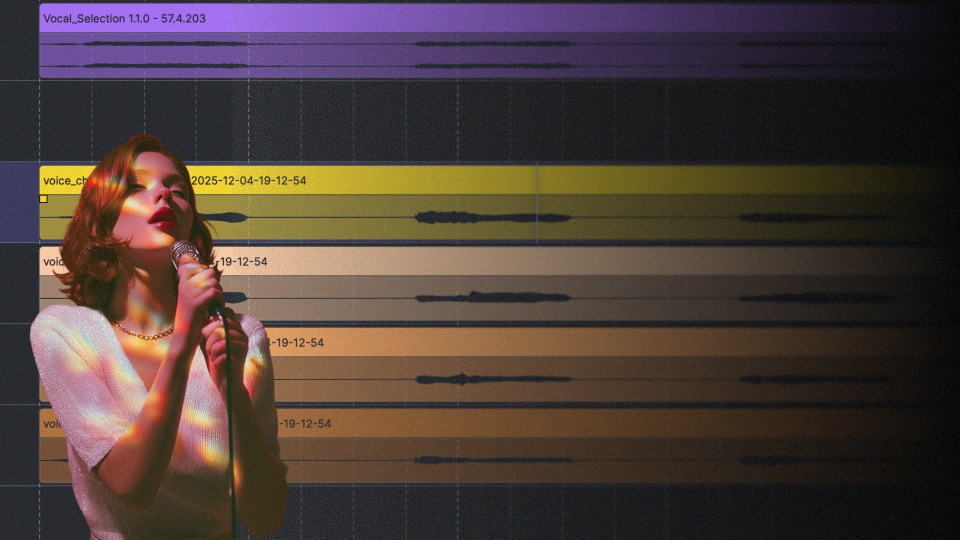 Singer performs in a studio with audio tracks displayed in the background