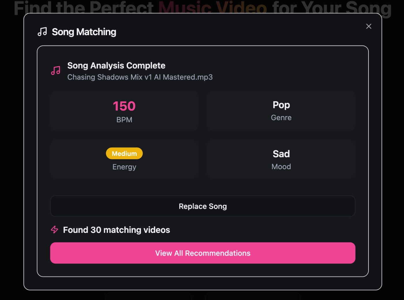 AI song matching results on Music Video Marketplace showing genre, mood, energy, and BPM analysis.