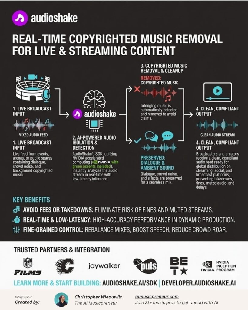 Real-time copyrighted music removal for live streaming content by Audioshake.