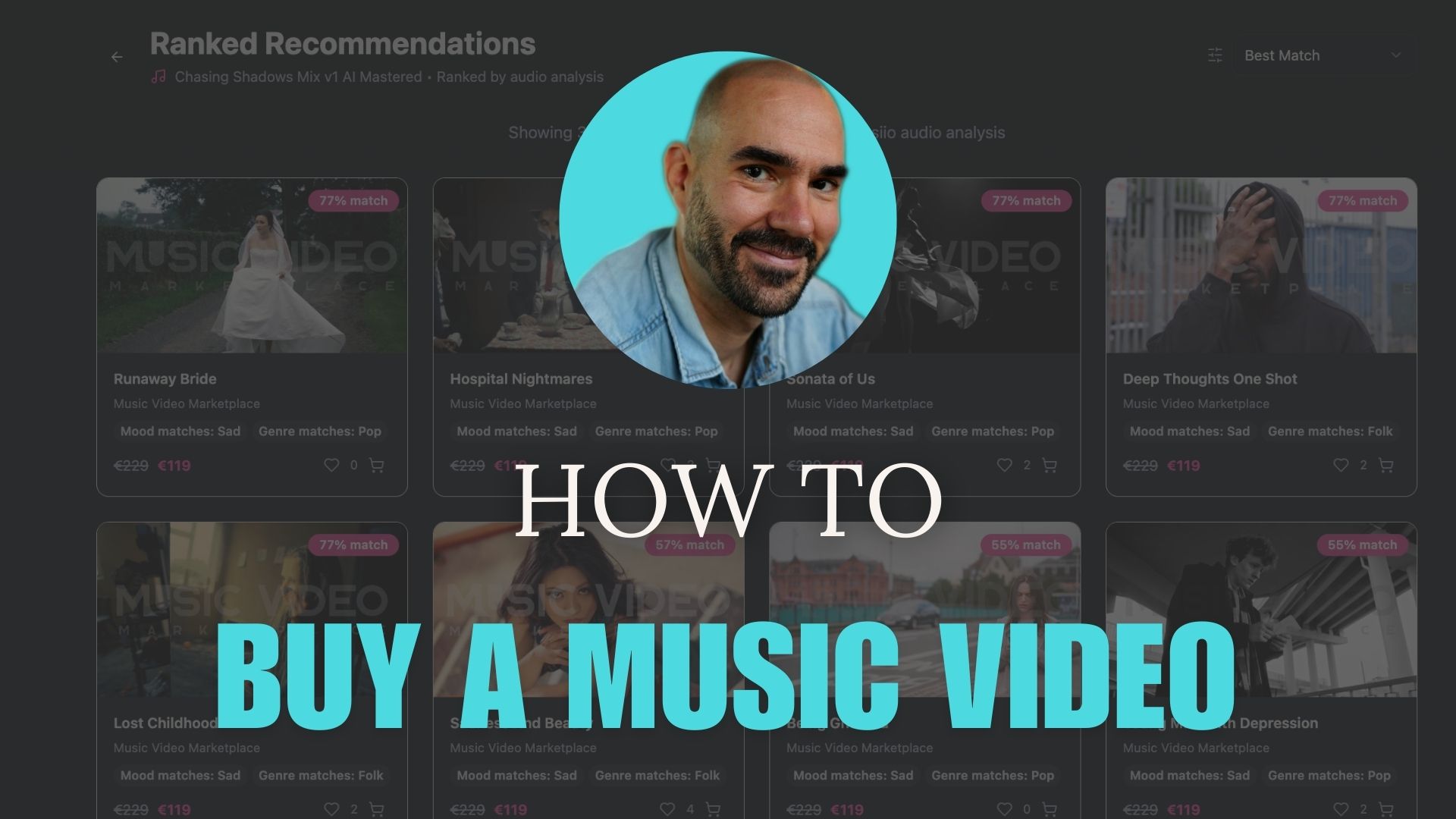 Tutorial overlay showing how to buy a music video on Music Video marketplace with ranked recommendations.