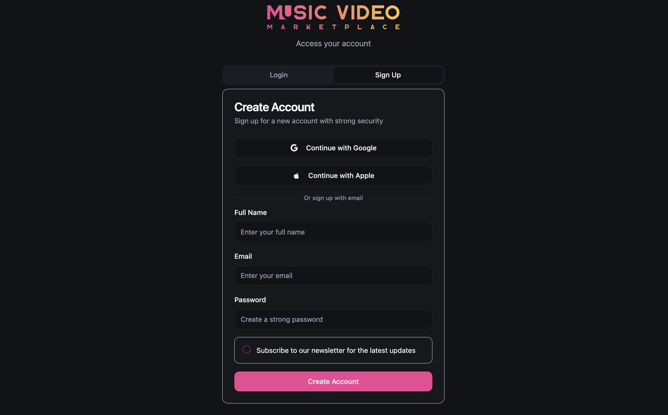 Music Video Marketplace account creation screen showing email and password registration fields.