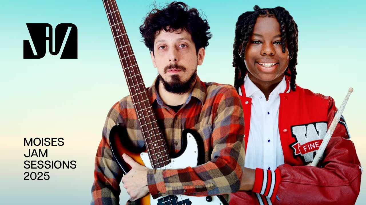 Two musicians pose with bass guitar for Moises Jam Sessions 2025 contest promotional image.