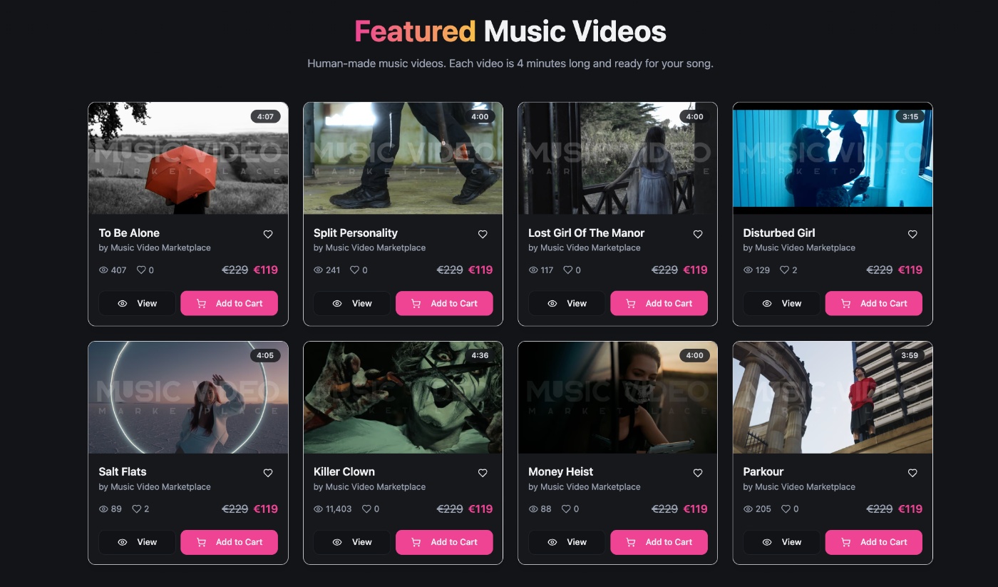 Grid of featured music video thumbnails with titles, prices, and view counts on Music Video Marketplace