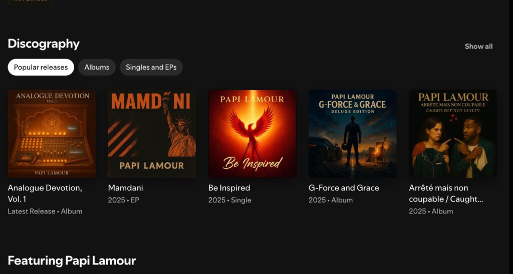 Papi Lamour showcases 2025 albums and EPs in a music discography section labeled "Popular releases"