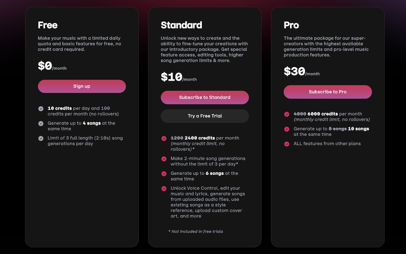 Udio pricing plans display features for free, standard, and pro song generator subscriptions