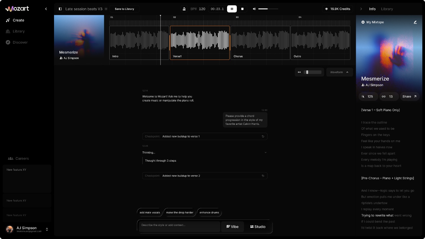 Vibe session interface shows audio tracks with prompt for "Mozart" mix details