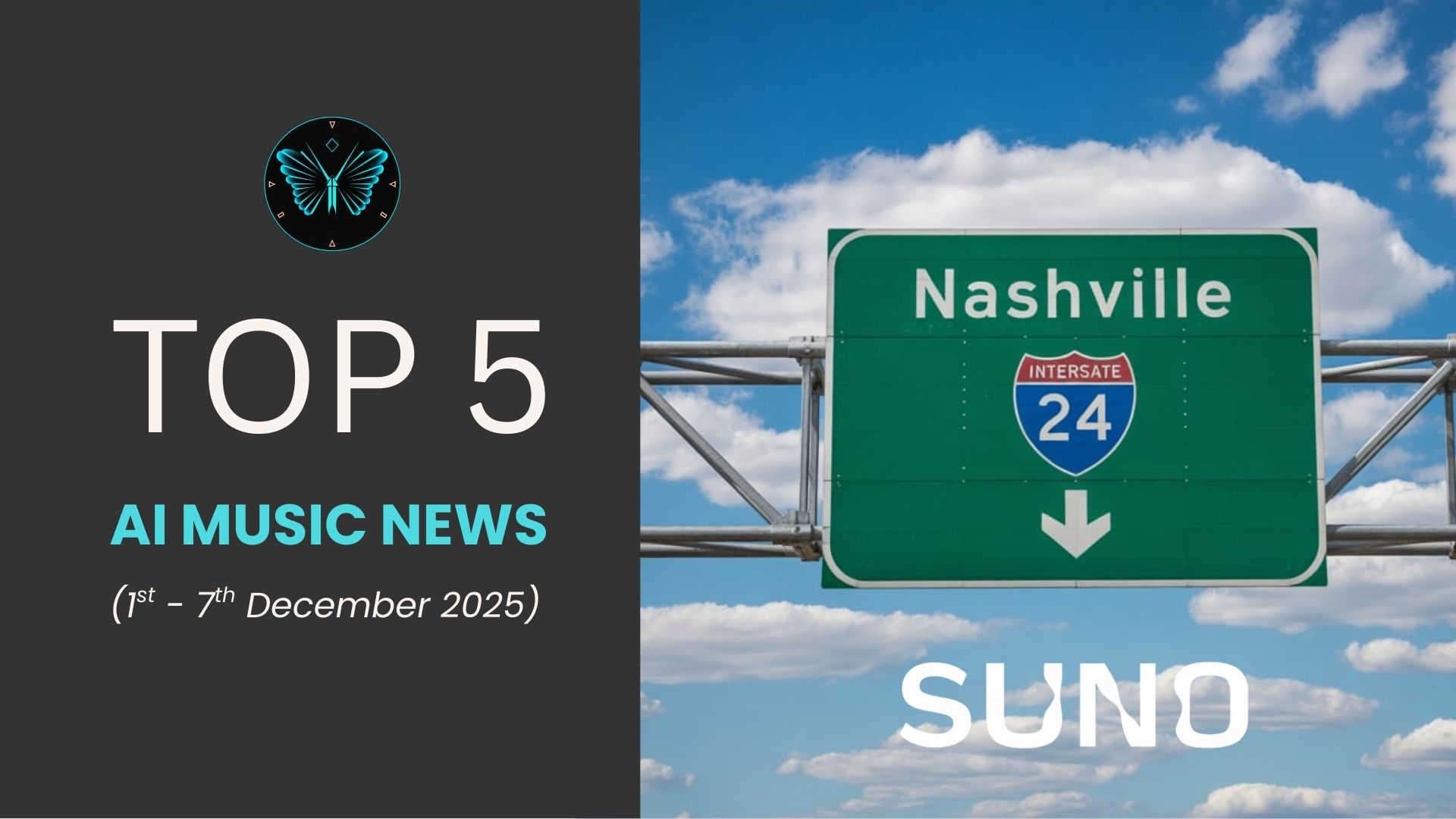 Top 5 AI music news sign displayed against a blue sky with clouds above Nashville.