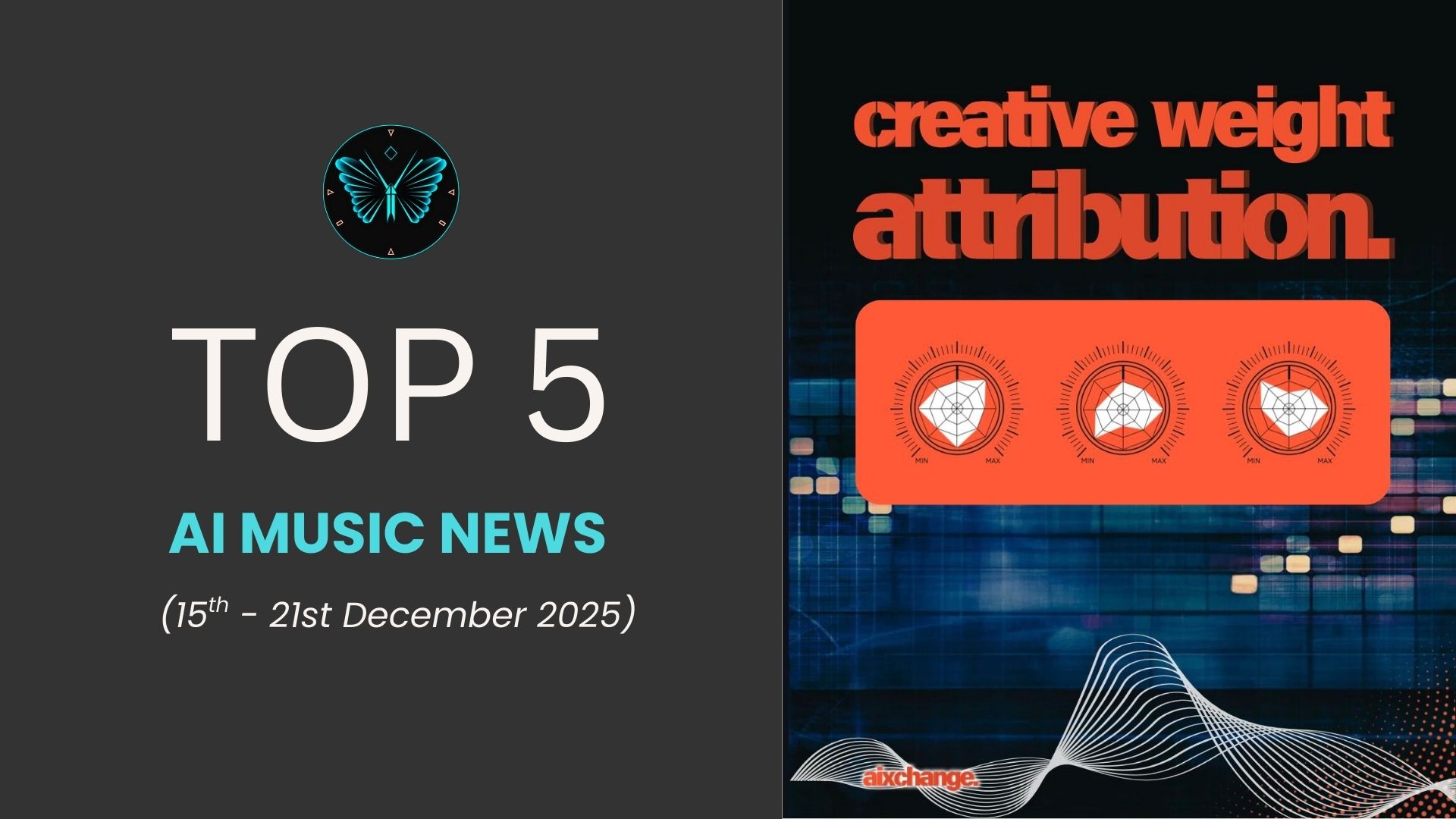 Top 5 AI Music News banner for December 15-21, 2025 with Suno news, UMG x Splice partnership, Creative Weight Attribution by AIxchange and more.