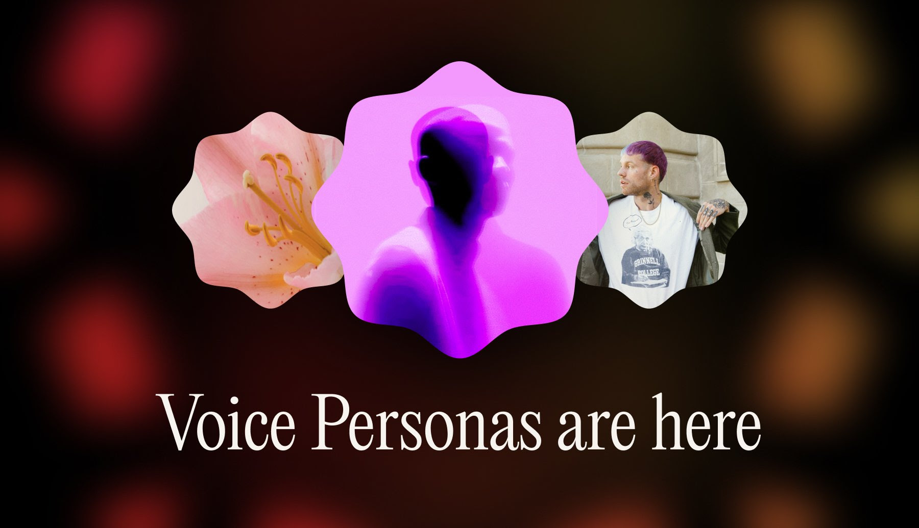 Three abstract shapes showing flower, silhouette, and person with text Voice Personas by Suno are here.