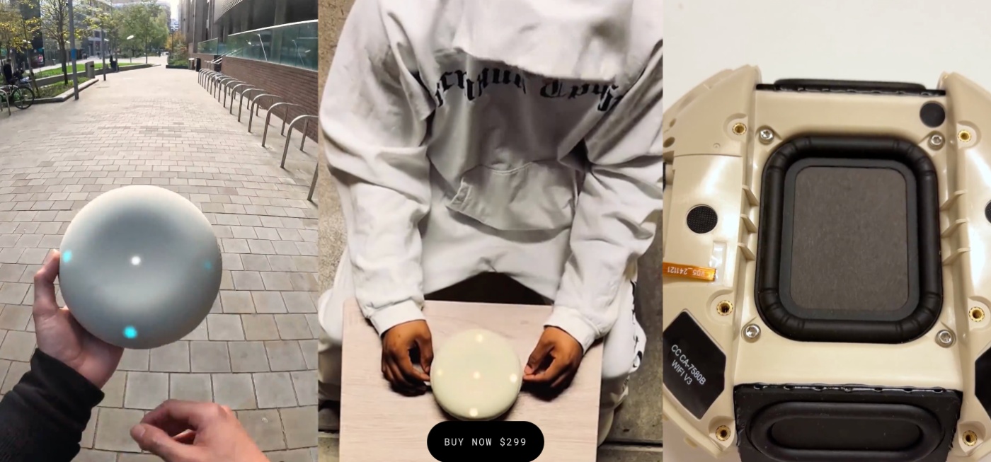 Three images showing spherical device held outdoors, person holding white orb, and tan speaker device. This is the stem player by Kanye West.