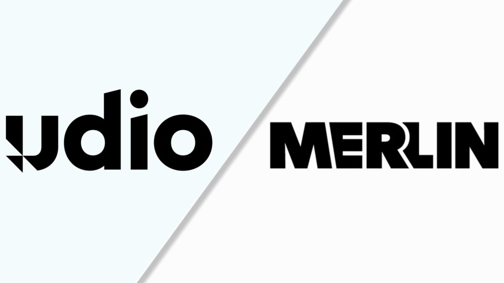 Udio and Merlin logos displayed side by side separated by diagonal line.