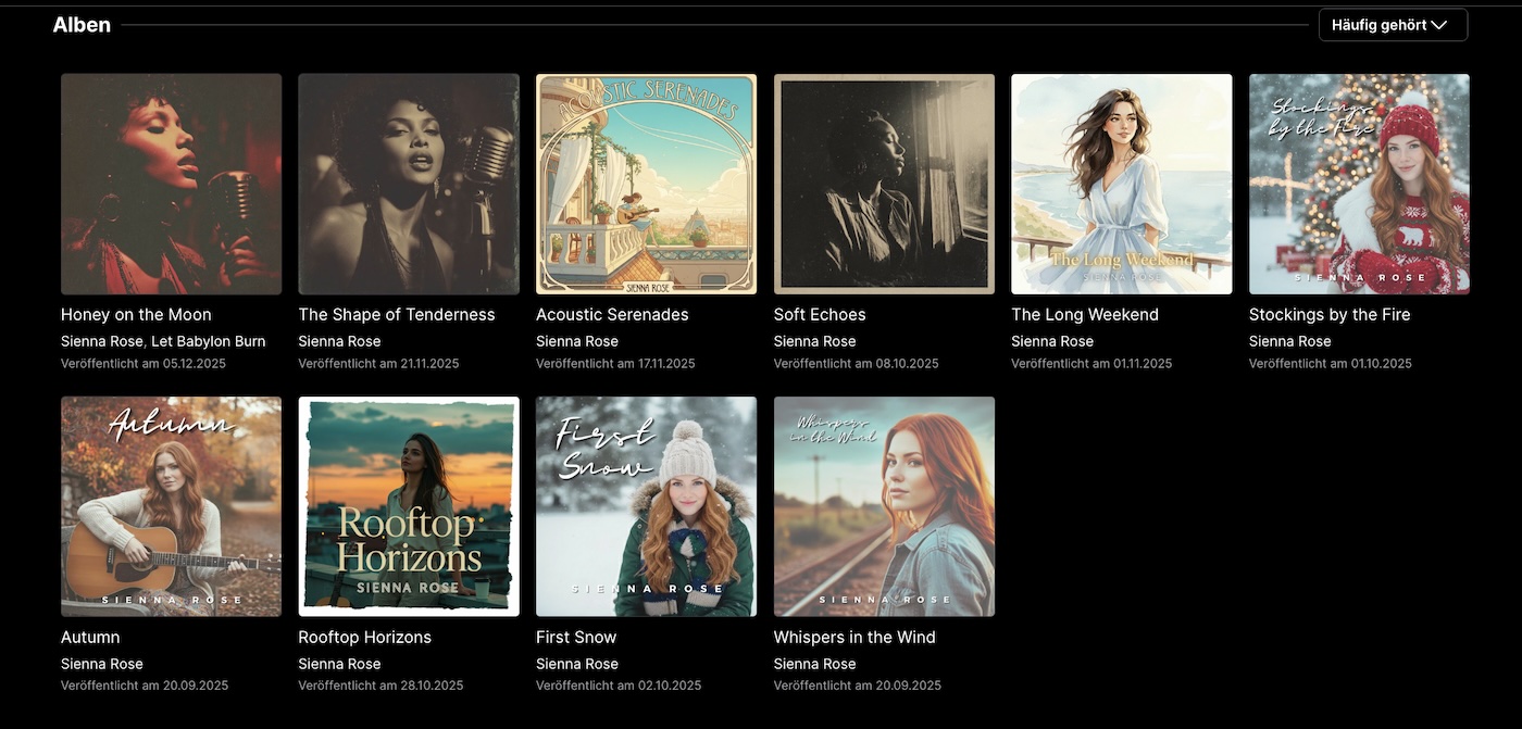 Album covers by artist Sienna Rose displayed in a grid layout on a music streaming interface.