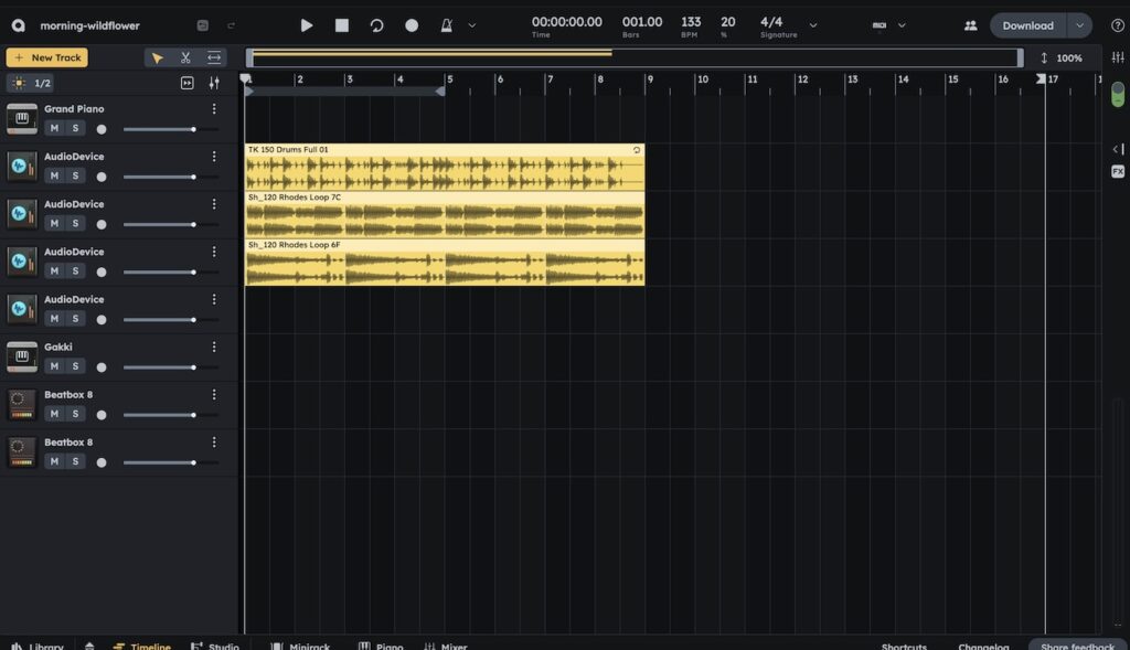 Digital audio workstation Audiotool interface showing three audio tracks with yellow waveforms and multiple instrument channels including drums, Rhodes, and piano.