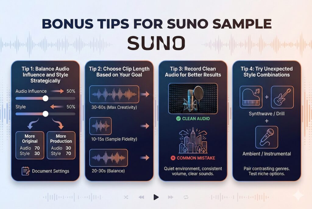 Infographic showing 4 bonus tips for Suno audio sample creation with sliders, icons, and examples.
