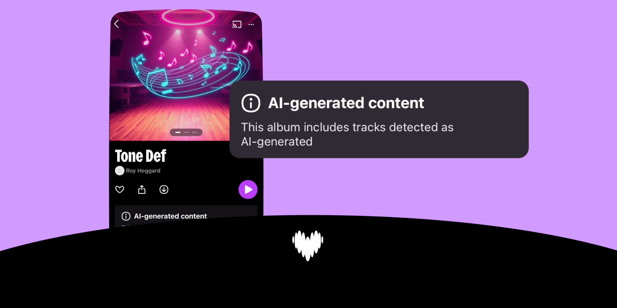 Deezer app showing AI-generated content warning label on album with neon musical notes artwork.