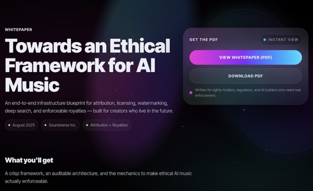 Soundverse whitepaper page promoting ethical AI music framework with download options.