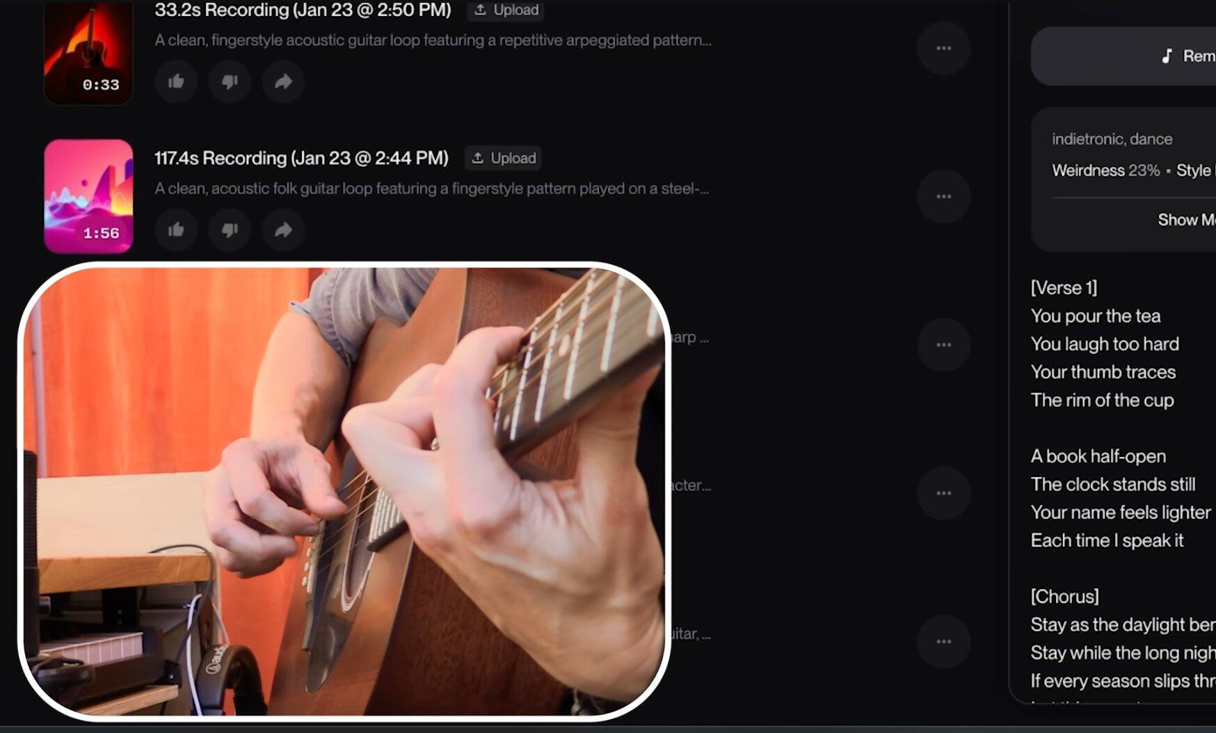 Suno music app showing guitar recordings and fingerstyle playing with lyrics sidebar.