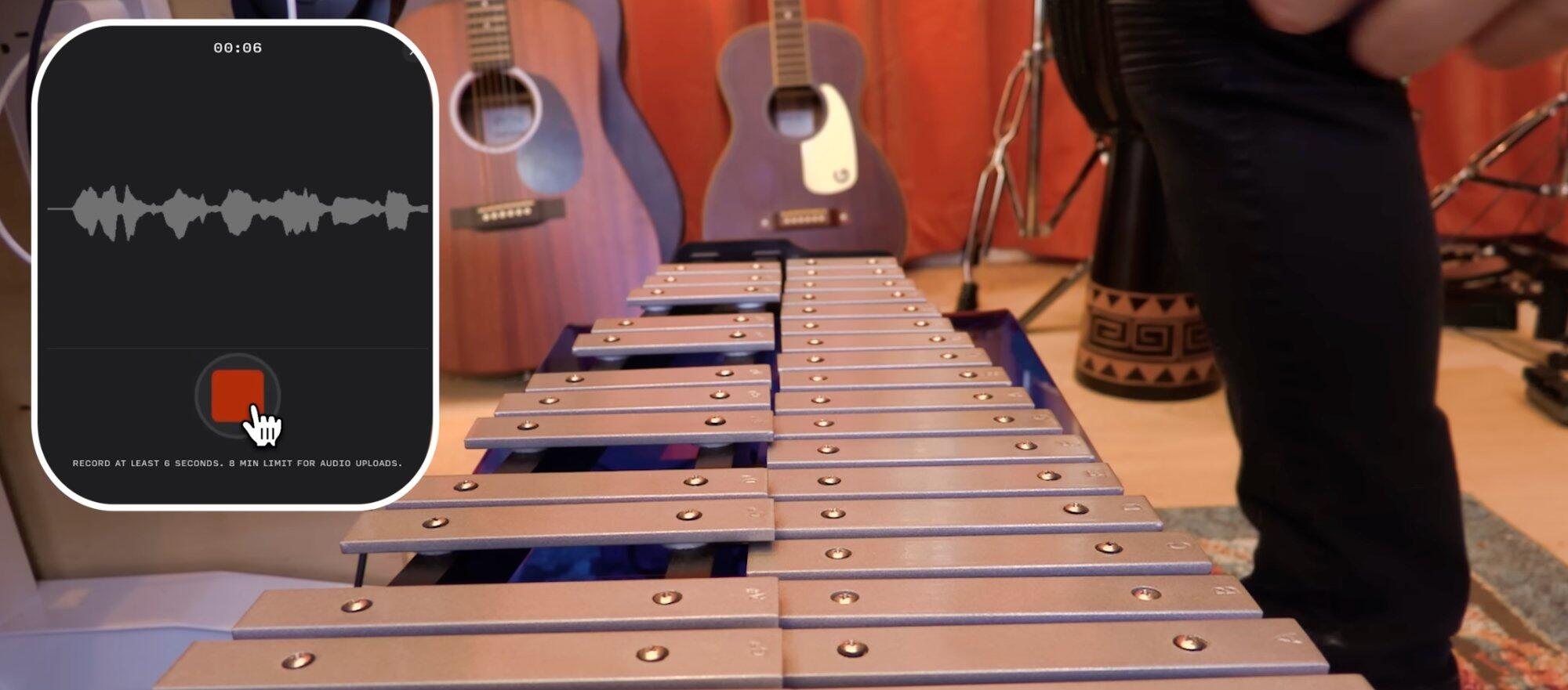 Recording interface overlay on xylophone with guitars in background, 6-second timer.