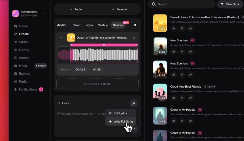 Suno mashup editor with waveform and song library showing Desert of Your Echo track.