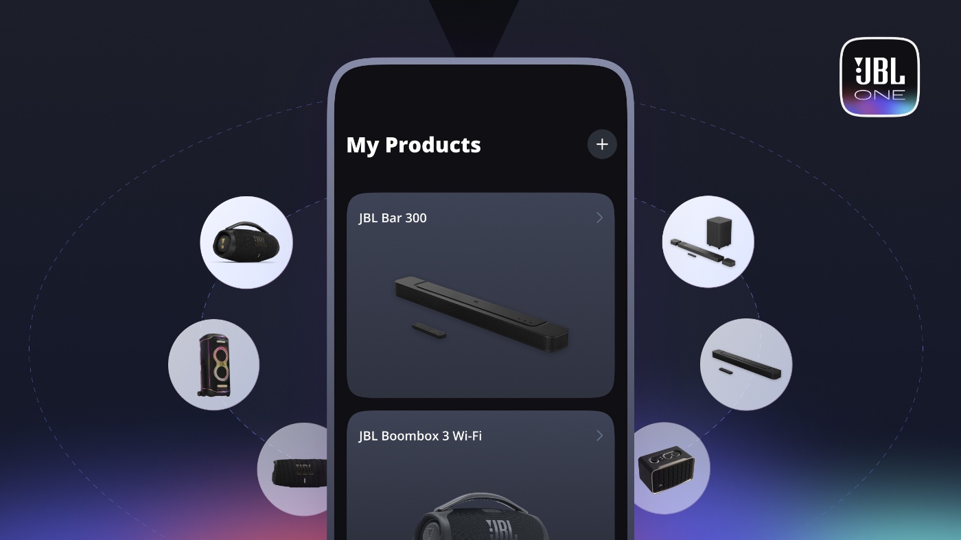 JBL One app displaying My Products screen with JBL Bar 300 and Boombox 3 Wi-Fi listed.