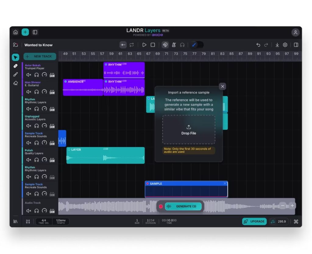 LANDR Layers interface showing sample import dialog with Drop File prompt for reference audio.