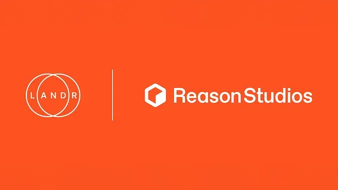 LANDR and Reason Studios (acquired by LANDR) displayed side by side on orange background.