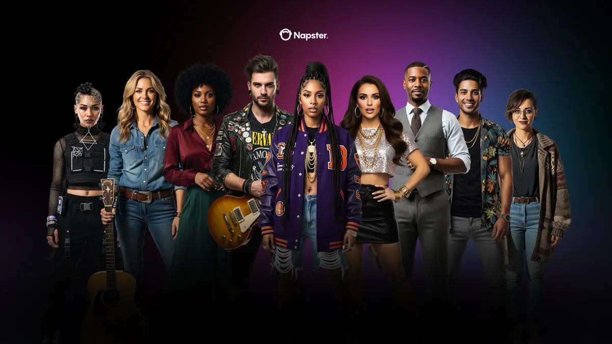 Diverse group of musicians with instruments standing against purple gradient backdrop with Napster logo.