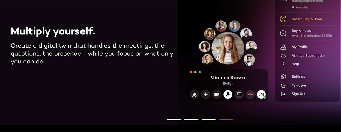 Digital assistant interface by Napster showing profile for Miranda Brown Stylist with meeting controls.