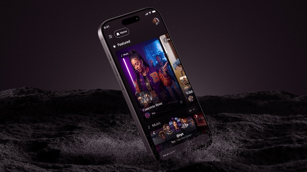 iPhone displaying Napster music app interface with featured content on textured black surface.