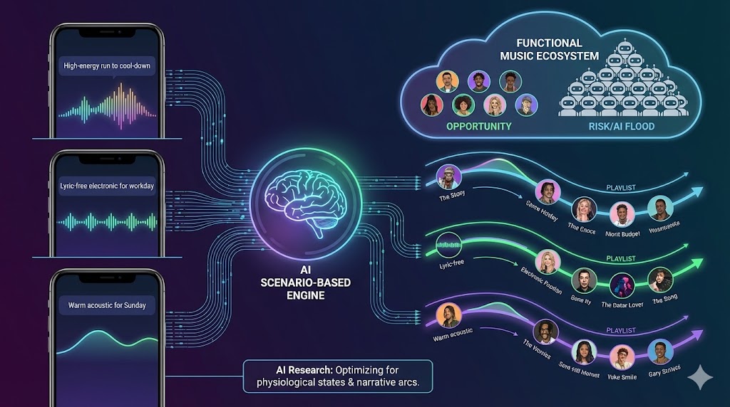 AI Scenario-Based Engine diagram showing phones with music scenarios connecting to personalized playlists.
