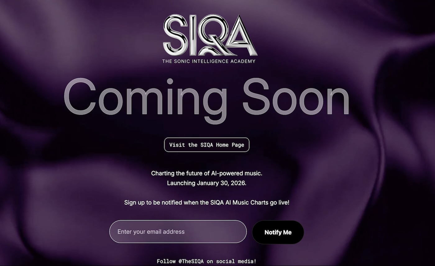 SIQA Coming Soon landing page in purple with chrome SIQA logo, January 30 2026 launch date, and an email signup field with Notify Me button