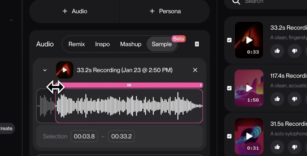 Suno audio waveform editor with pink selection slider showing 3.8 to 33.2 second audio clip range