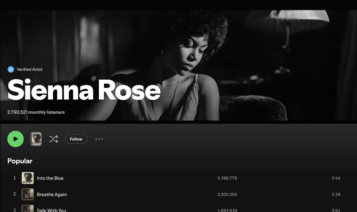 Spotify profile page for verified artist Sienna Rose showing 2,790,521 monthly listeners with popular songs list.