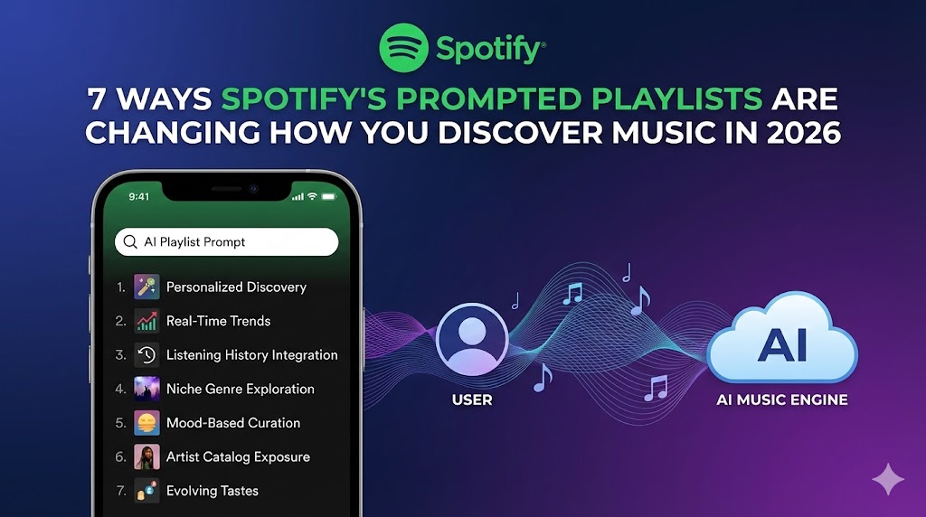 Spotify interface showing Prompted Playlists features connecting user to AI music engine with sound waves.