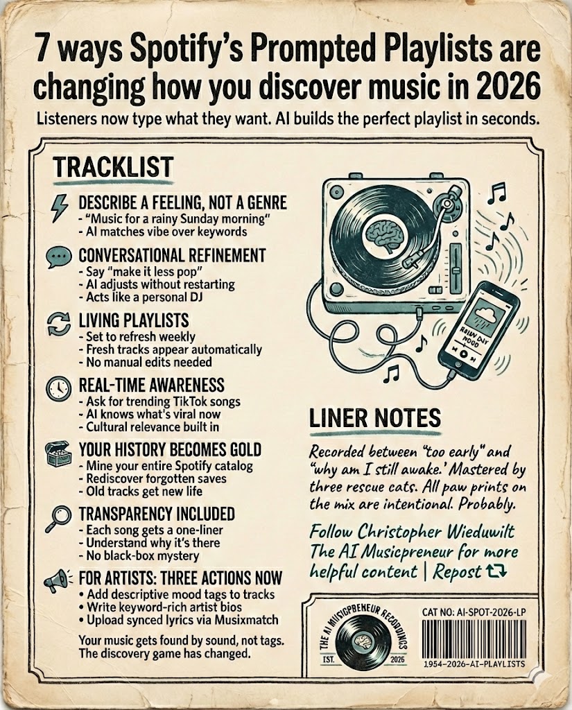 Infographic showing 7 ways Spotify Prompted Playlists change music discovery in 2026 with vintage design.