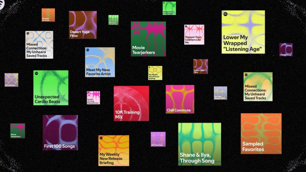 Colorful Spotify playlist covers scattered on black background featuring various music collections.