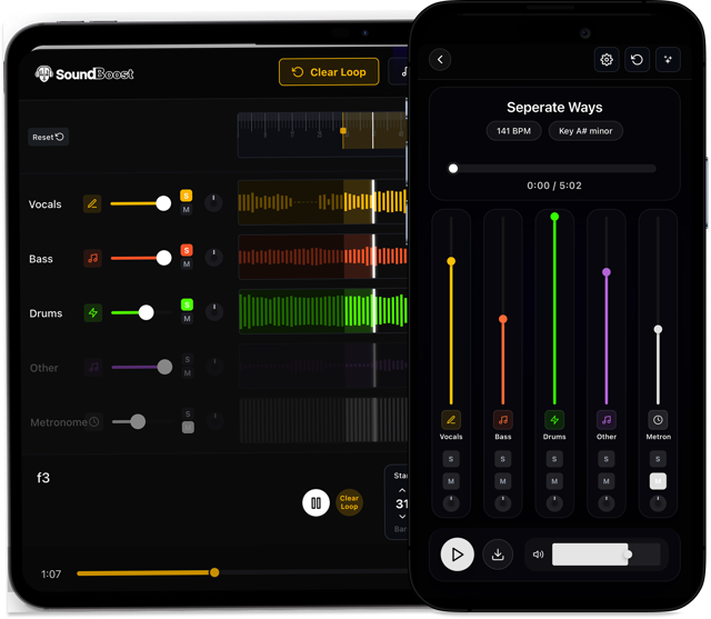 SoundBoost stem splitter app interface showing separate audio tracks for vocals, bass, drums on devices.