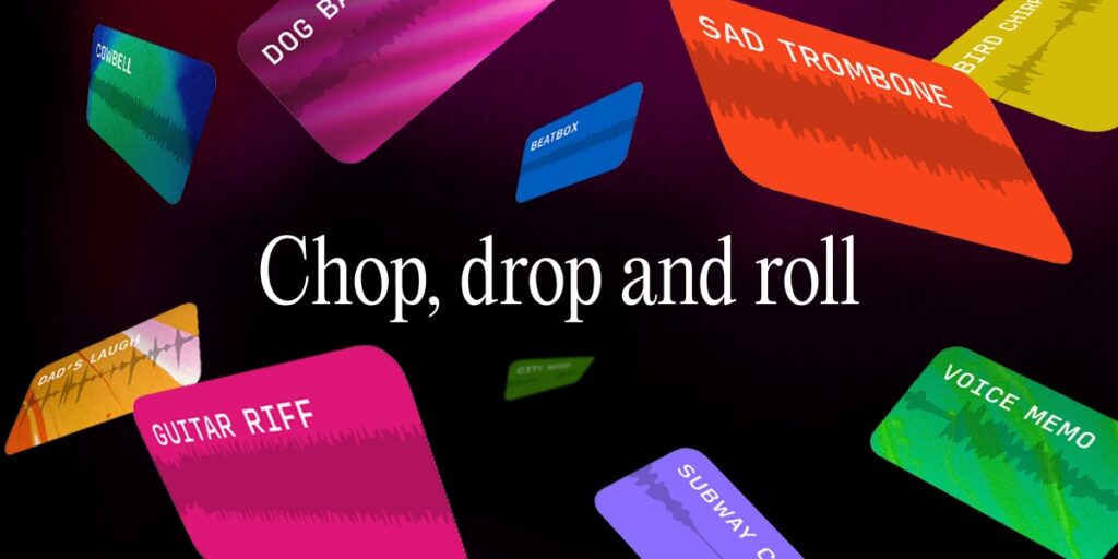 Colorful music creation cards with labels like 'Guitar Riff' and 'Sad Trombone' on dark background.