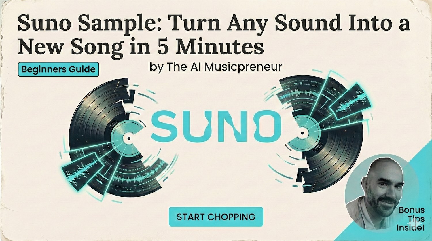 Suno Sample beginner's guide cover with vinyl records, waveforms, and 'Start Chopping' button.