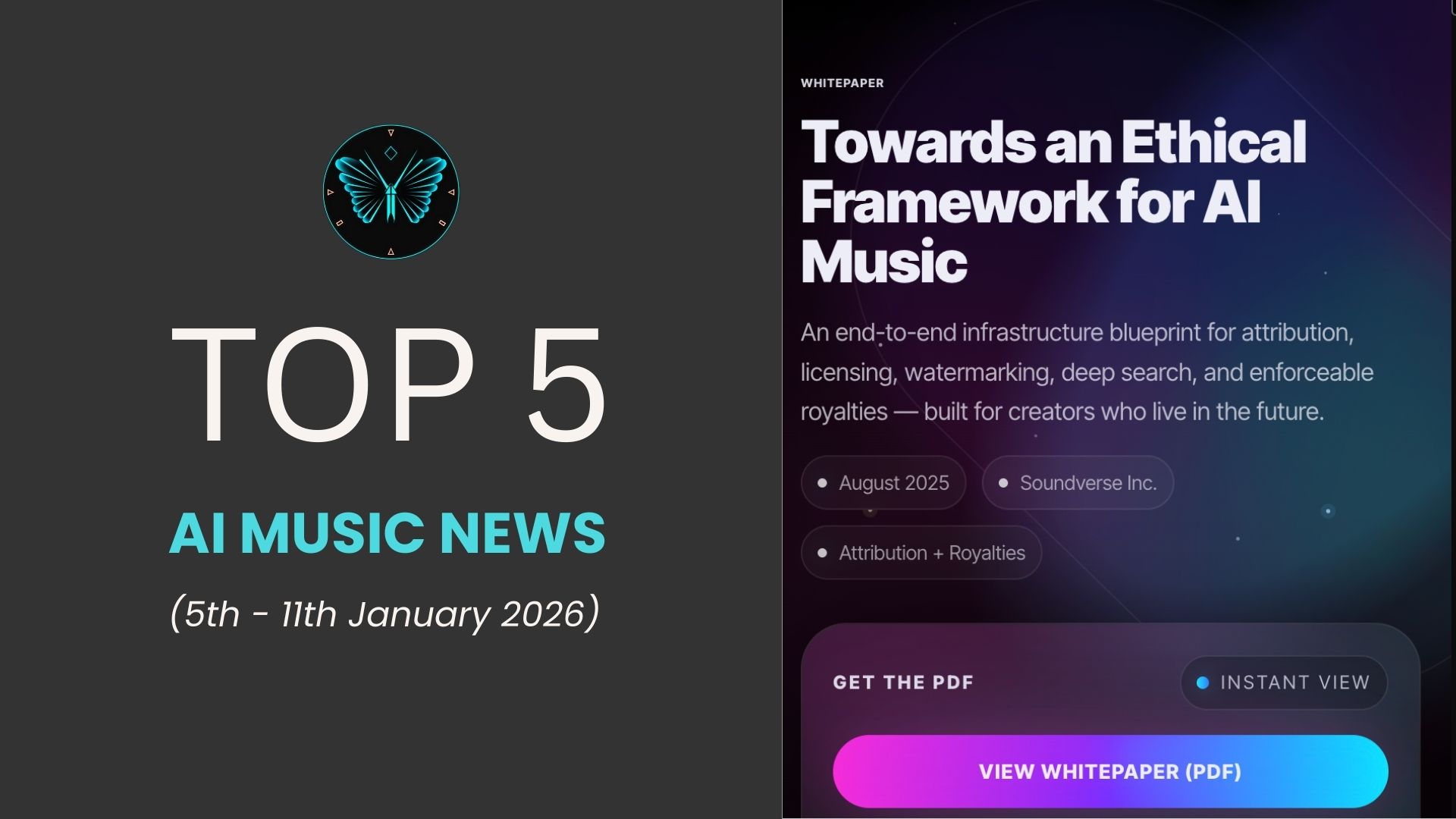 Top 5 AI Music News banner for January 2026 featuring ethical framework whitepaper.